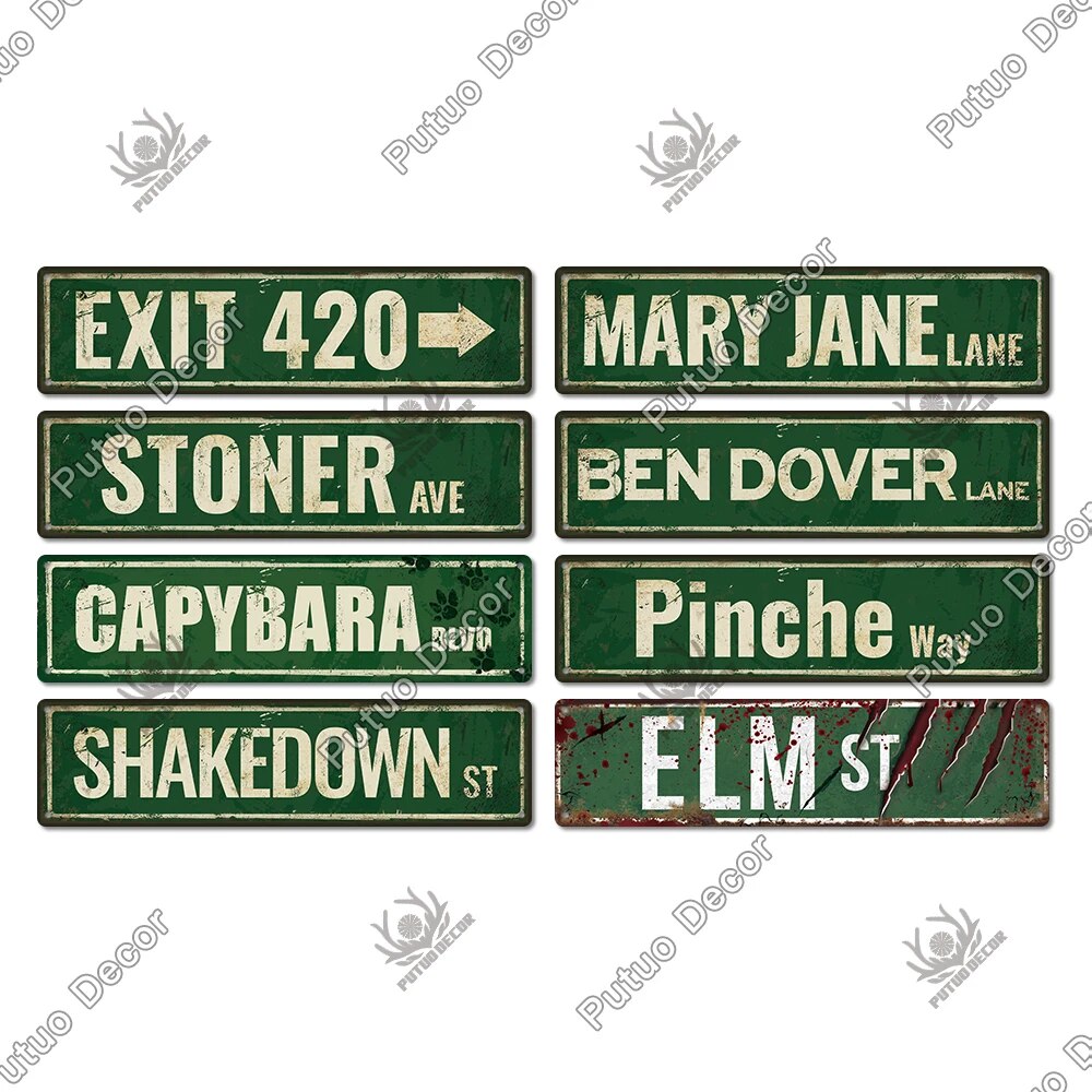 Putuo Elm Street Sign Stoner 420 Accessories Plaque Metal Wall Art for Horror Movie Grunge Room Goat Decor Weed Gifts for Men