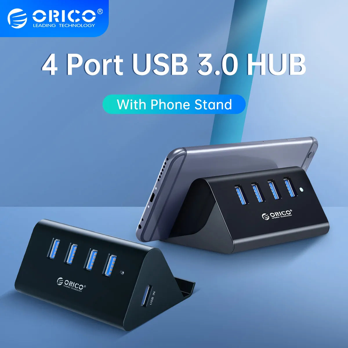 ORICO 5Gbps High Speed Mini 4 ports USB3.0 HUB Splitter for Desktop Laptop with Stand Holder for Phone Tablet PC - Black / White